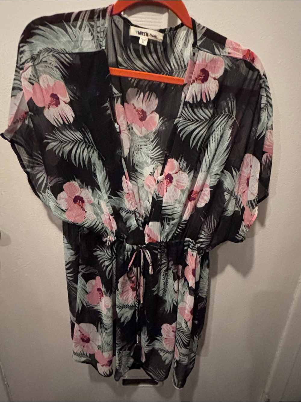 Miken Swim Black Floral Drawstring Kimono Top - swimsuit coverup- Pink & Green